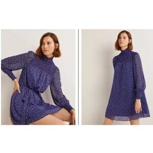 Boden High Neck Smocked Yoke Metallic Detail Dress Size 14 NWT